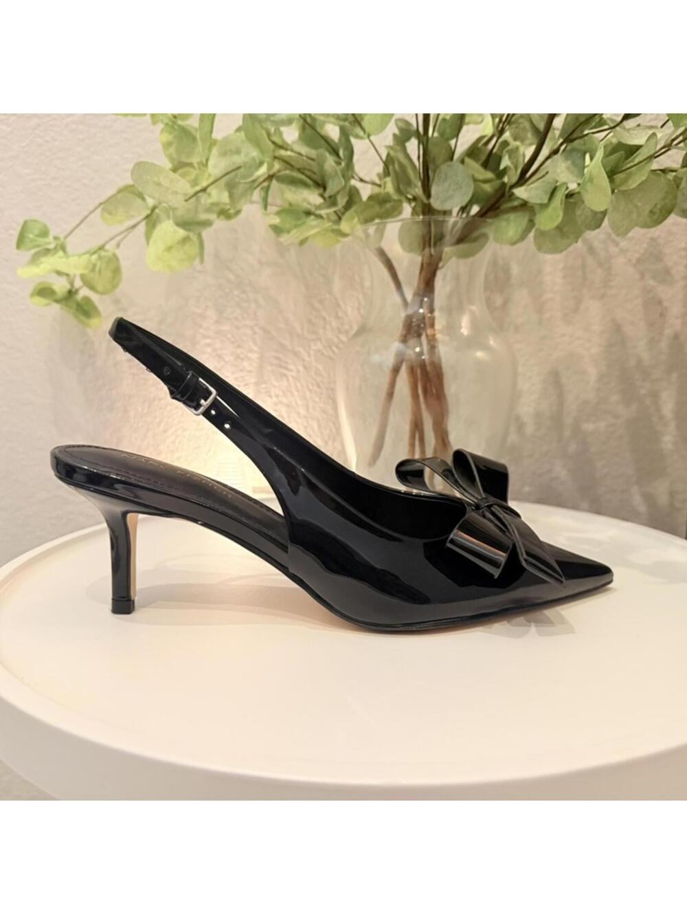 Marc Fisher Fallon Bow Patent Slingback Heel Pointed Toe Black Womens 7.5